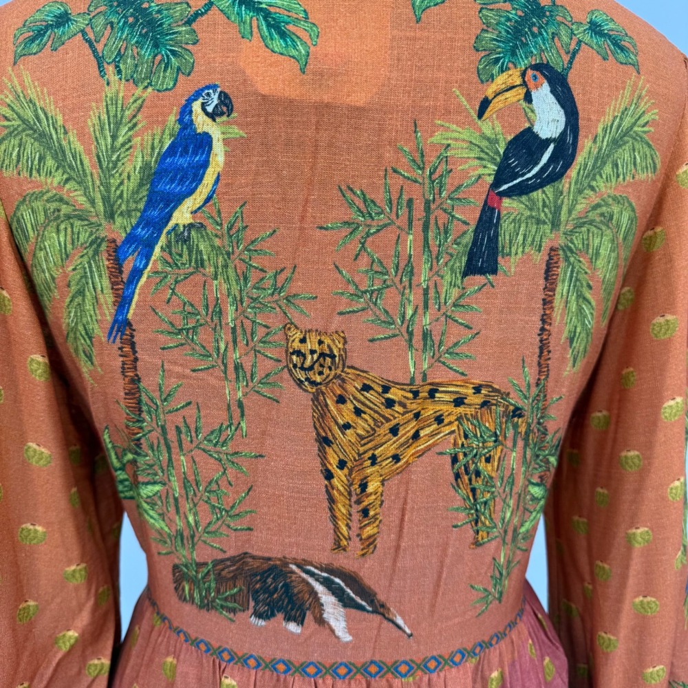 Farm Rio Est Mil Arvor Tropical Jungle Maxi Dress Orange Long‎ Sleeve Small NWT - Picture 11 of 16